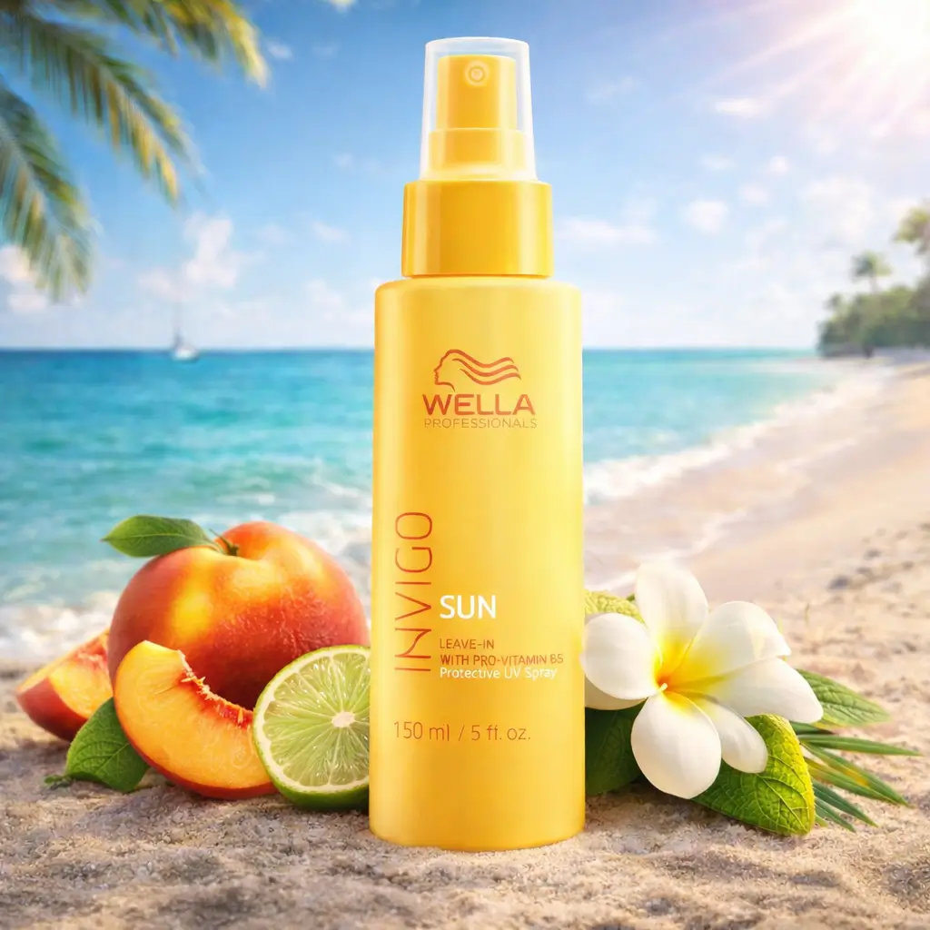 Cuidados com os cabelos no verão com Wella Invigo Sun Leave-in, em cenário de praia com pêssego, bergamota e gardênia.