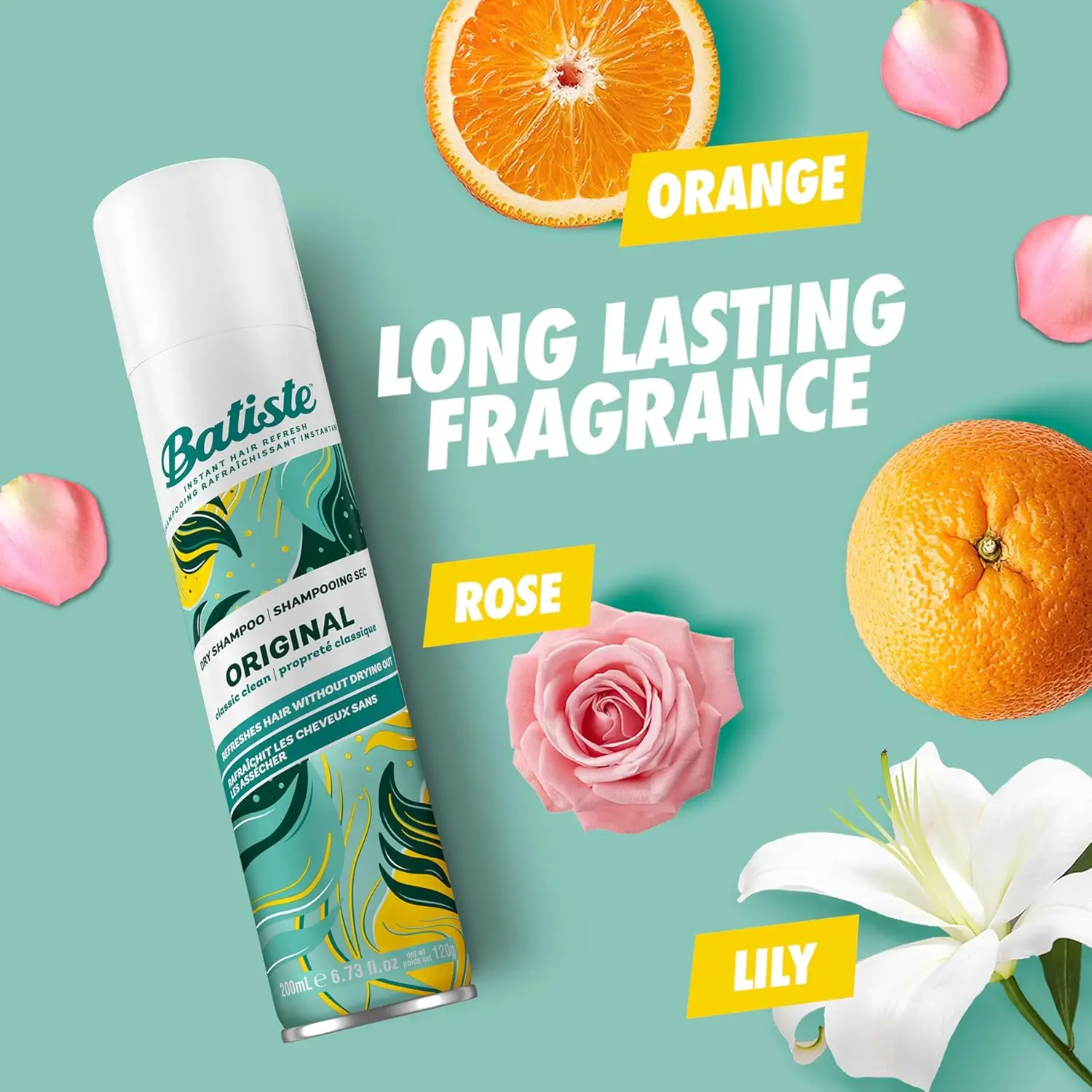 Shampoo a seco Batiste Original com aroma cítrico de laranja e bergamota, ideal para manter os cabelos leves e sem oleosidade ao usar chapéu no verão