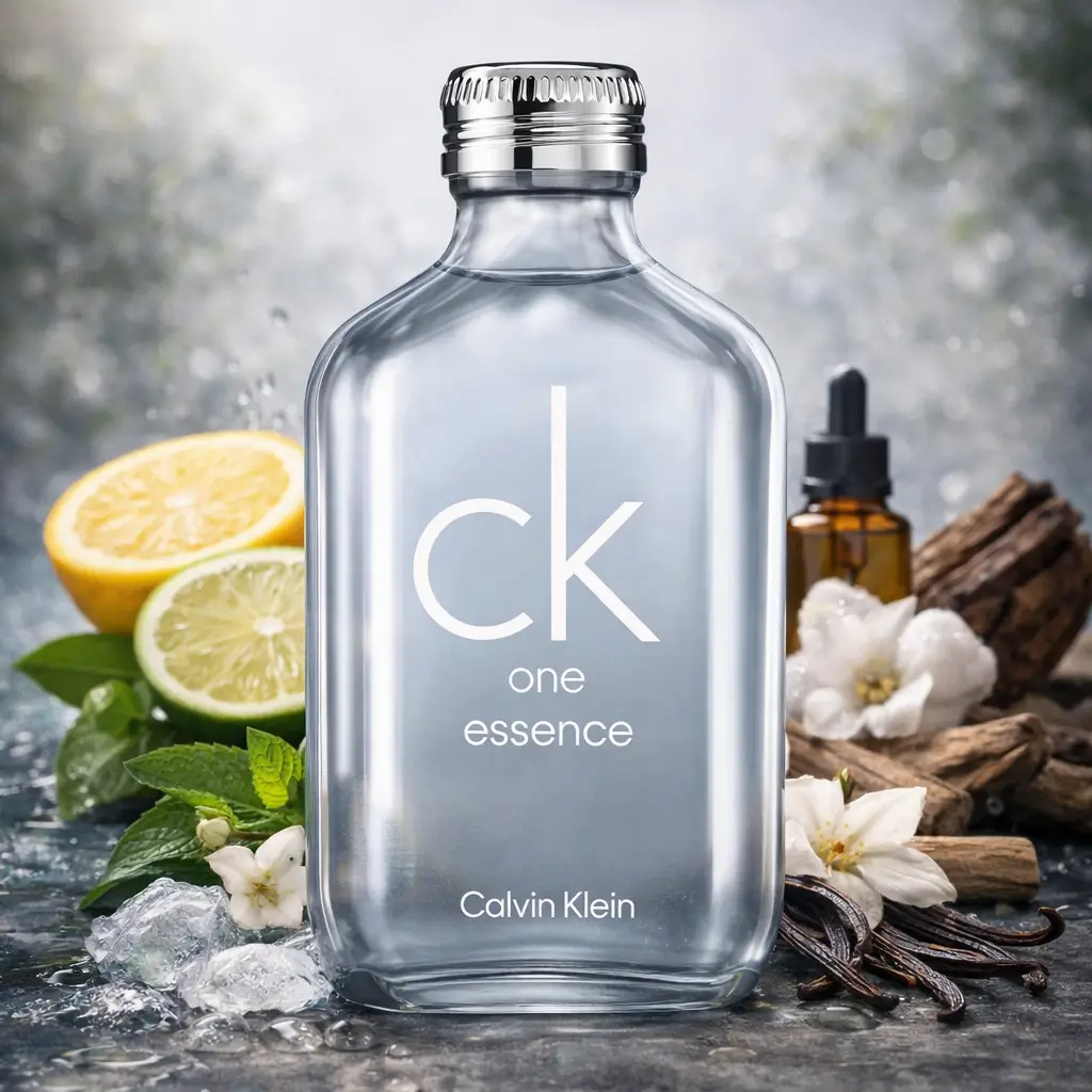 CK One Essence Calvin Klein com frasco transparente e notas cítricas, folhas verdes, flores brancas, baunilha e madeiras ao redor
