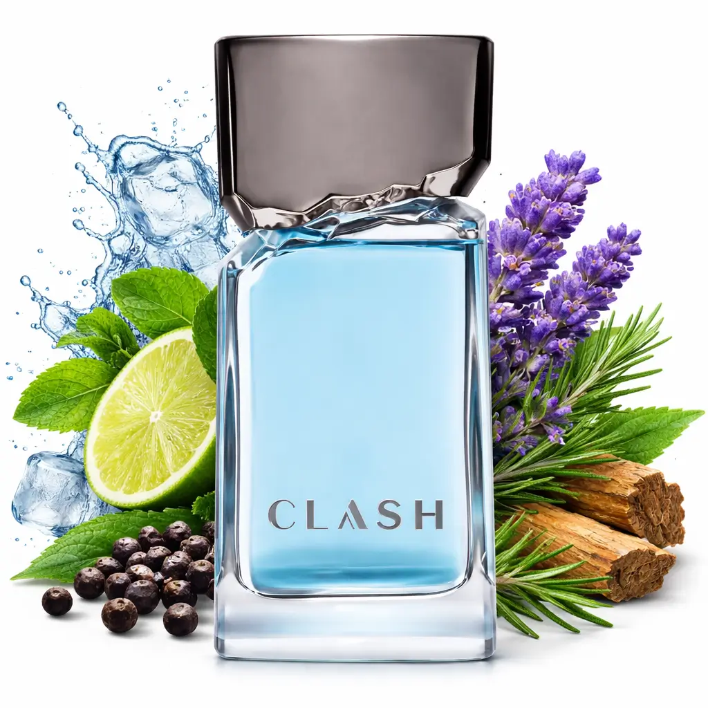 Clash Desodorante Colônia O Boticário cercado por notas aromáticas em destaque entre os perfumes nacionais na Awards 2025.