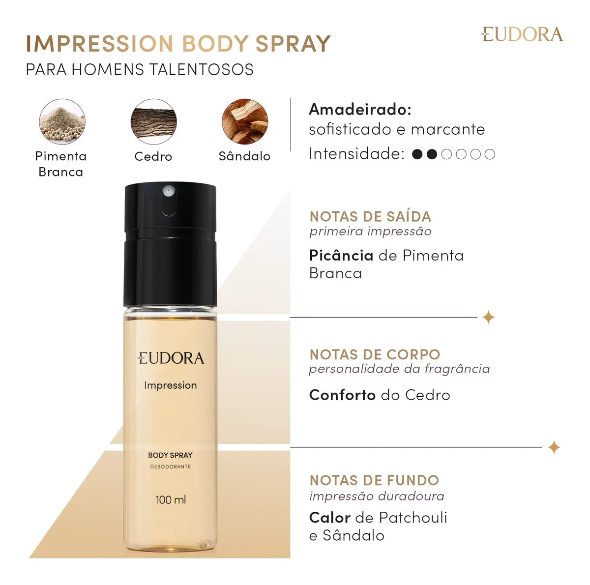 Impression Body Spray Eudora com notas de pimenta branca, cedro e sândalo em imagem promocional.