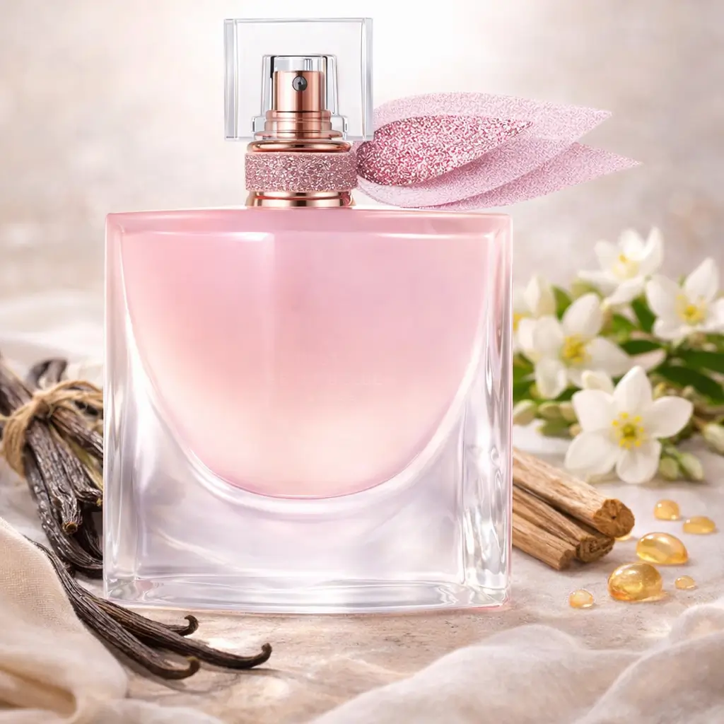 La Vie Est Belle Vanille Nude em cenário com baunilha Bourbon, jasmim solar e sândalo cremoso.