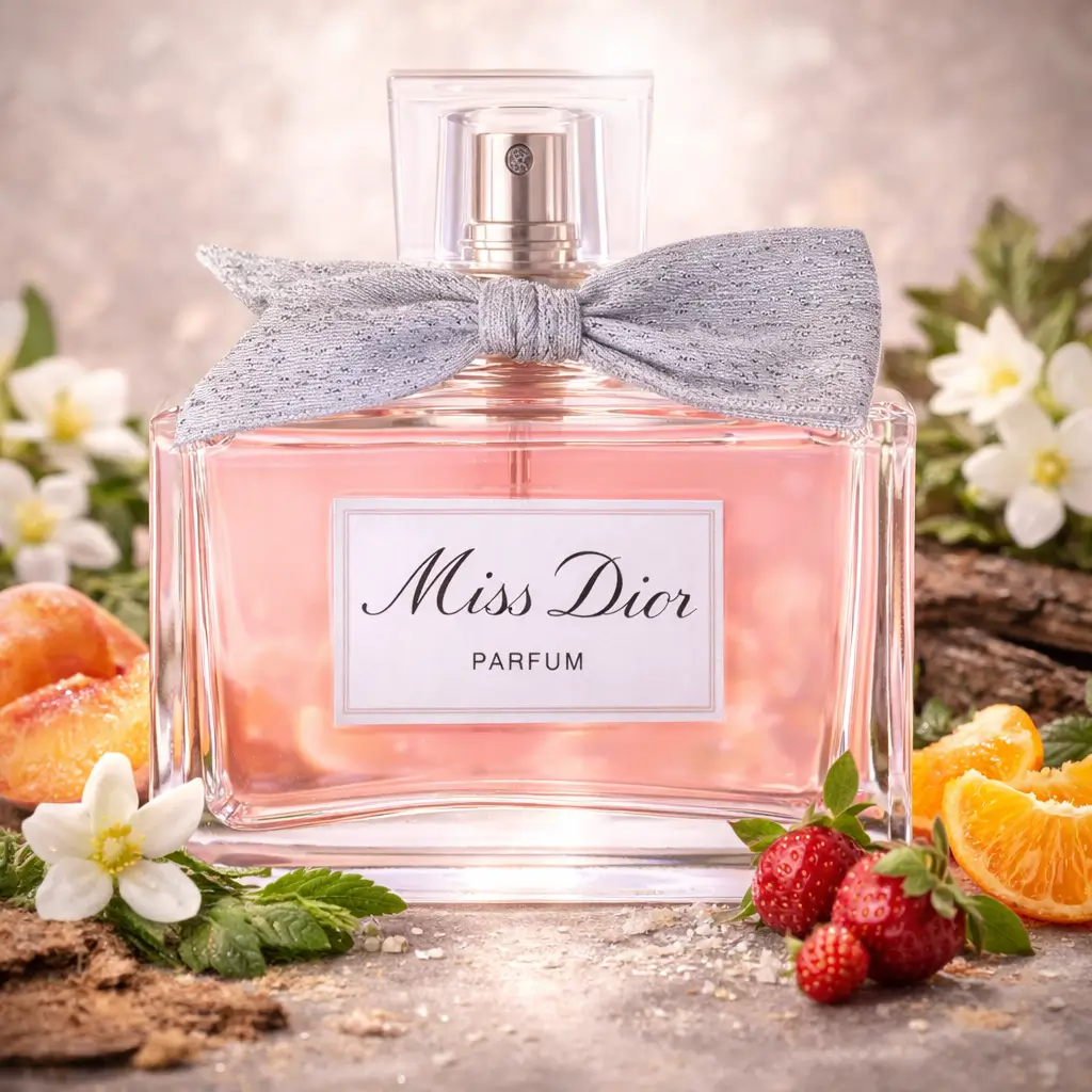 Miss Dior Parfum (2024) frasco com laço prateado em cenário com damasco, pêssego, morango, jasmim e notas amadeiradas