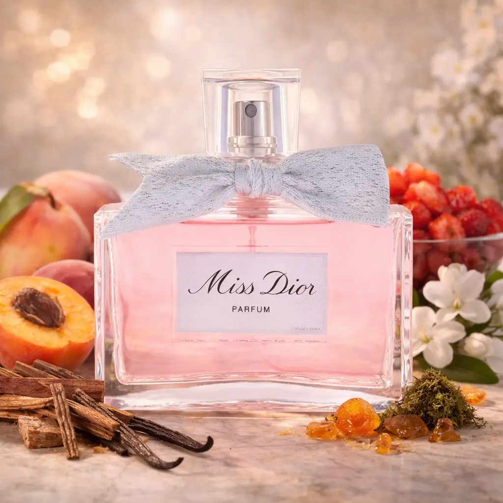 Miss Dior ou J’adore: Miss Dior Parfum em frasco rosado com laço, cercado por pêssego, damasco, morango, jasmim e notas ambaradas