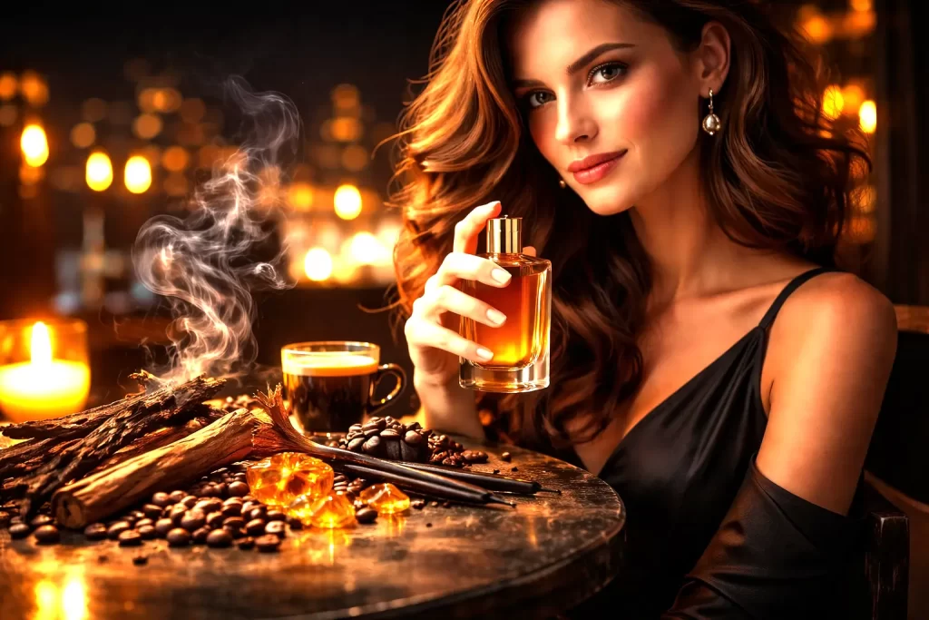 Perfume assinatura noite em cenário noturno elegante com mulher segurando frasco âmbar, luzes bokeh ao fundo e notas quentes como café, madeiras e âmbar.