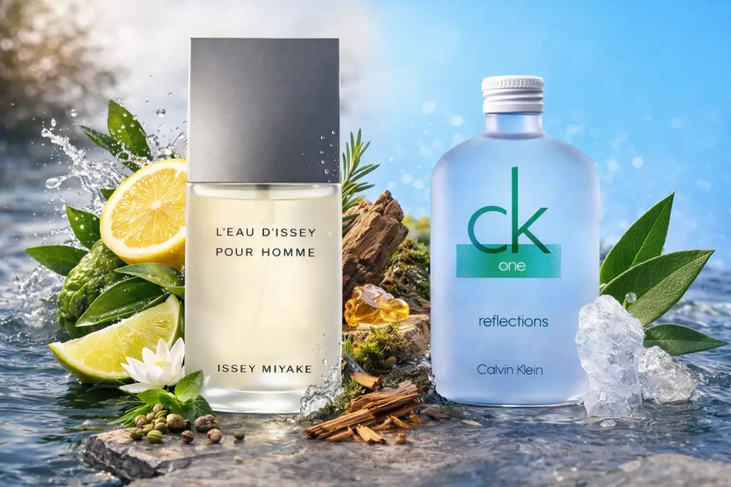 Perfume cheiro de shampoo: L’Eau d’Issey Pour Homme e CK One Reflections com limão, folhas verdes, ervas, água e notas amadeiradas