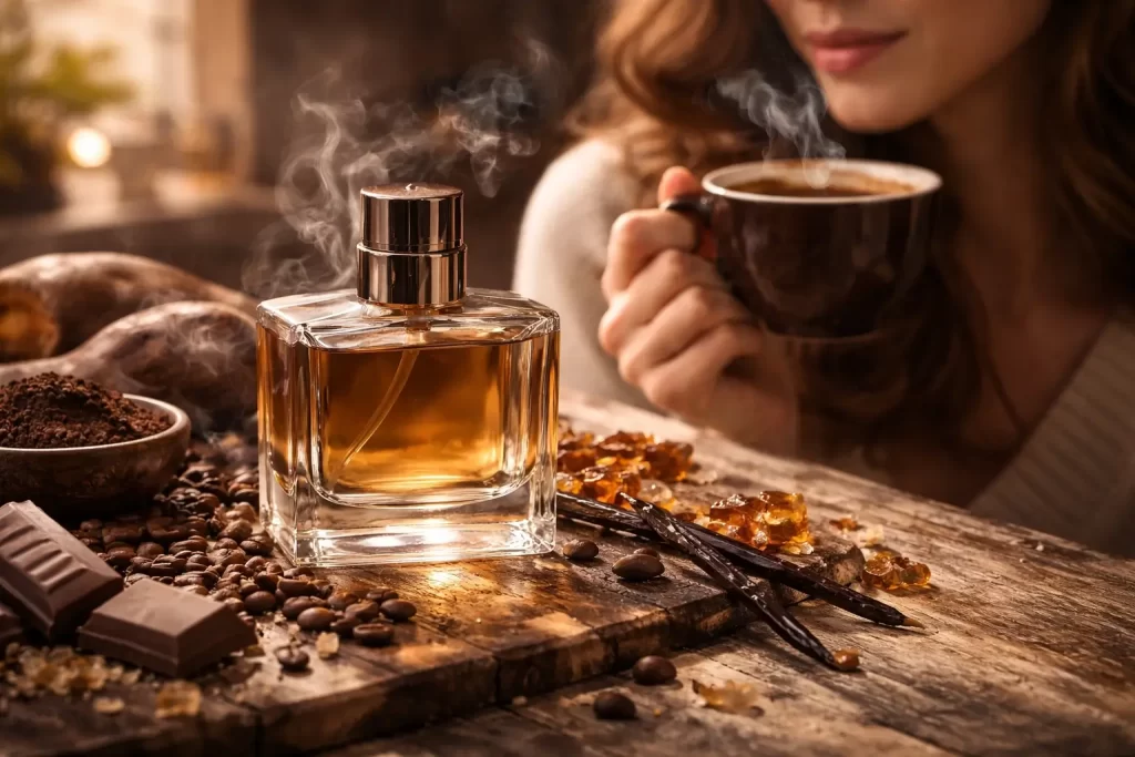 Perfume de Café em cenário aconchegante com frasco âmbar, grãos de café, chocolate, baunilha e xícara de café com vapor.