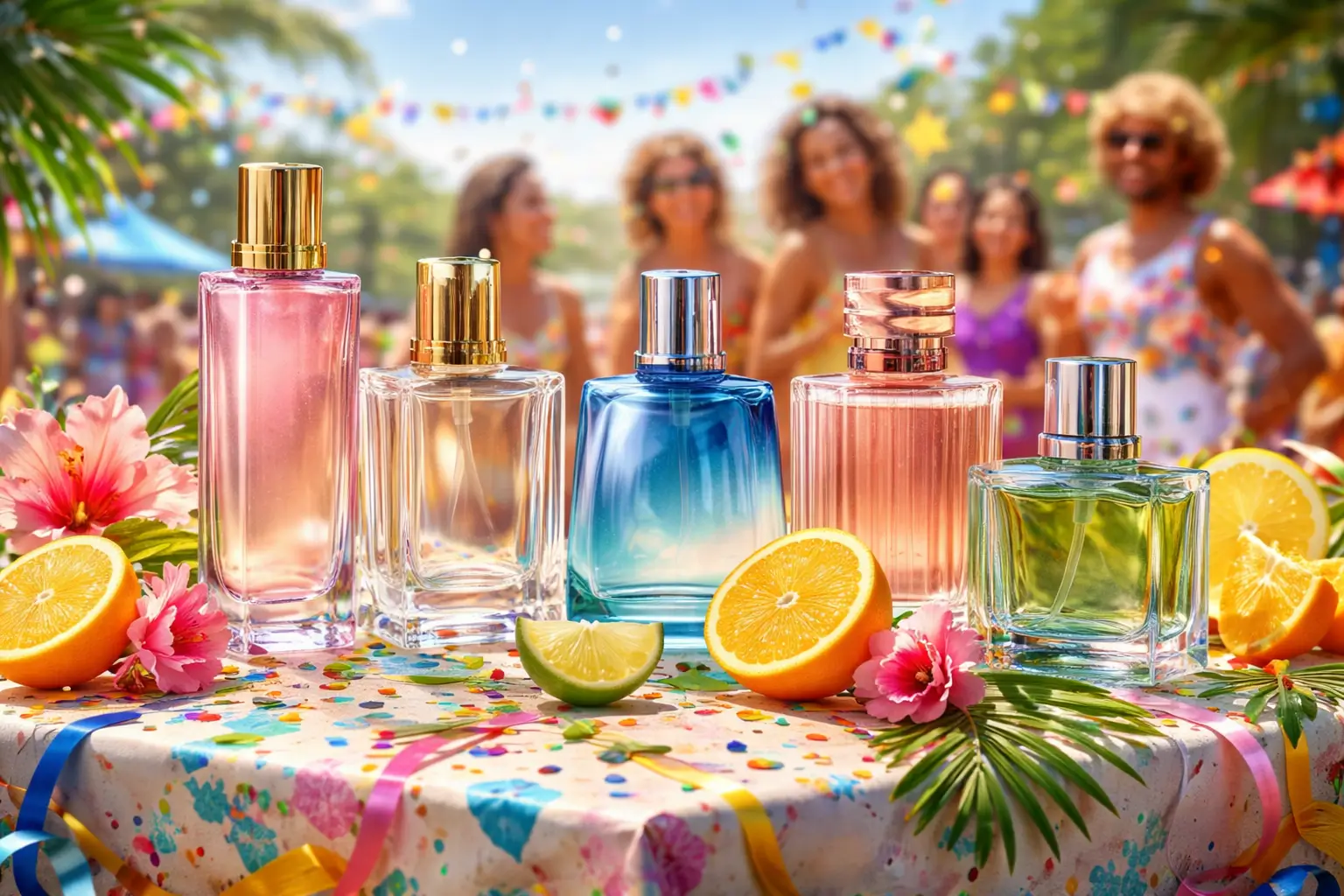 Perfumes para o carnaval com frascos coloridos em clima festivo de verão, ideais para aguentar o calor e receber elogios.