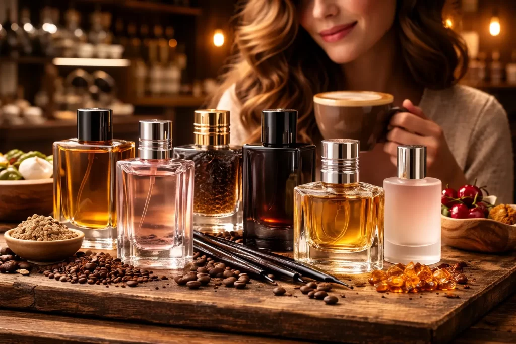 Perfumes com notas de café em cena de cafeteria com sete frascos sobre mesa de madeira, grãos de café, baunilha, âmbar e cappuccino ao fundo.