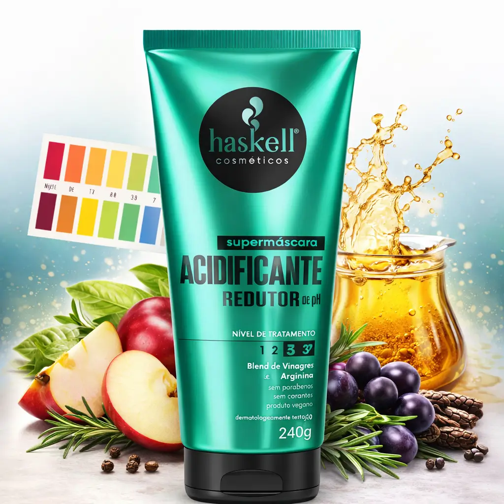 Supermáscara acidificante redutora de pH da Haskell indicada para proteger os cabelos dos danos da água quente no verão.