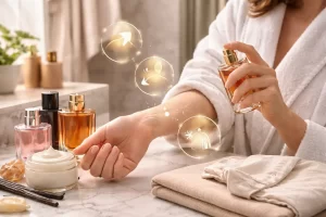 Fixação gourmand com aplicação de perfume no pulso em bancada de banheiro, hidratante neutro e frascos ao lado, destacando pontos de aplicação.