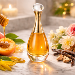 J’adore Eau de Parfum Intense em frasco dourado sobre mármore, com damasco, mel, flores brancas, rosas, baunilha e sândalo ao redor.