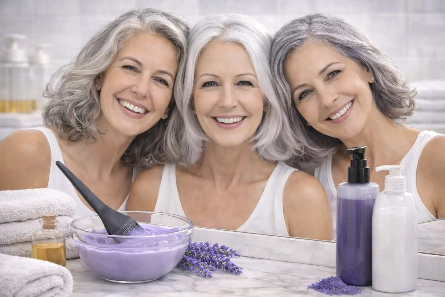 Banho de brilho para cabelo grisalho com três mulheres sorridentes de cabelos prateados, ao lado de tigela com máscara roxa, pincel e produtos de tratamento.