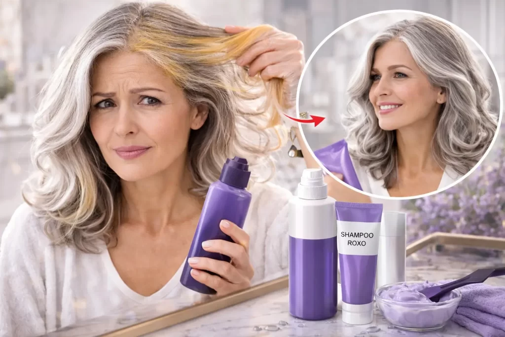 Cabelo grisalho manchado: mulher com fios grisalhos no espelho mostrando manchas no comprimento, com máscara matizadora e produtos de hidratação ao lado.