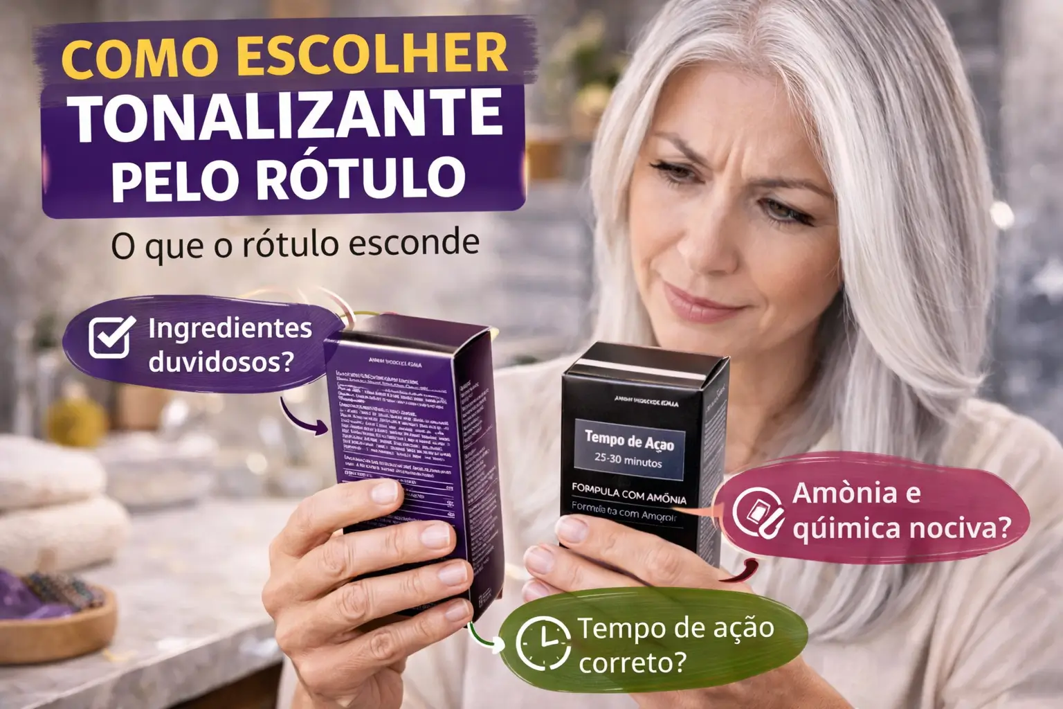 Mulher lendo embalagem para aprender como escolher tonalizante pelo rótulo