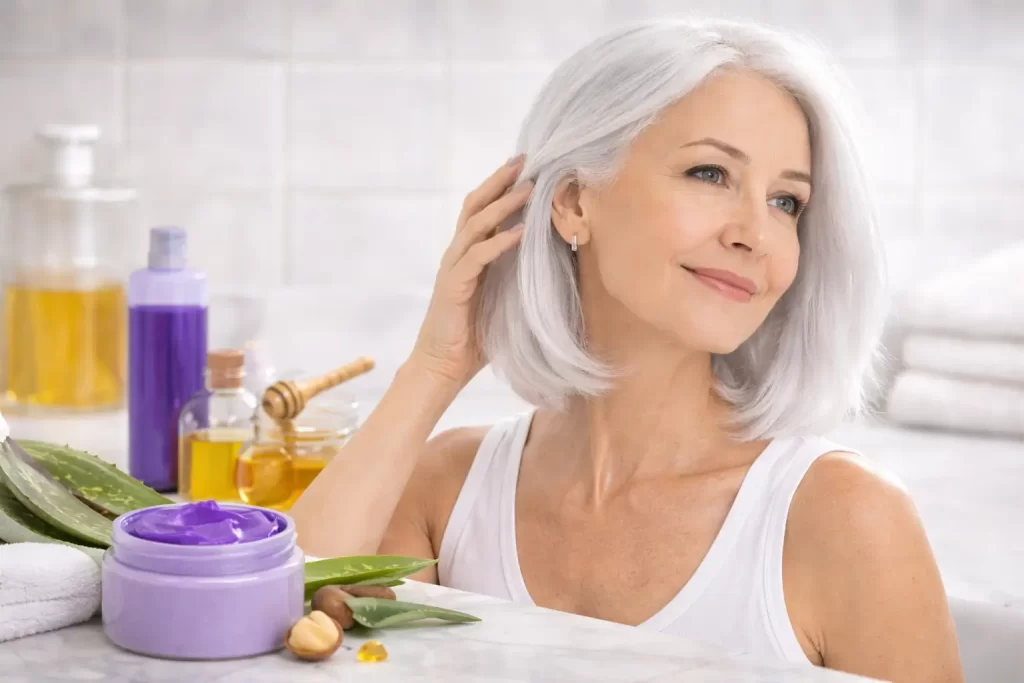 Como tirar o amarelo do cabelo branco: mulher com cabelo branco luminoso em banheiro claro, com máscara roxa e produtos hidratantes ao lado.