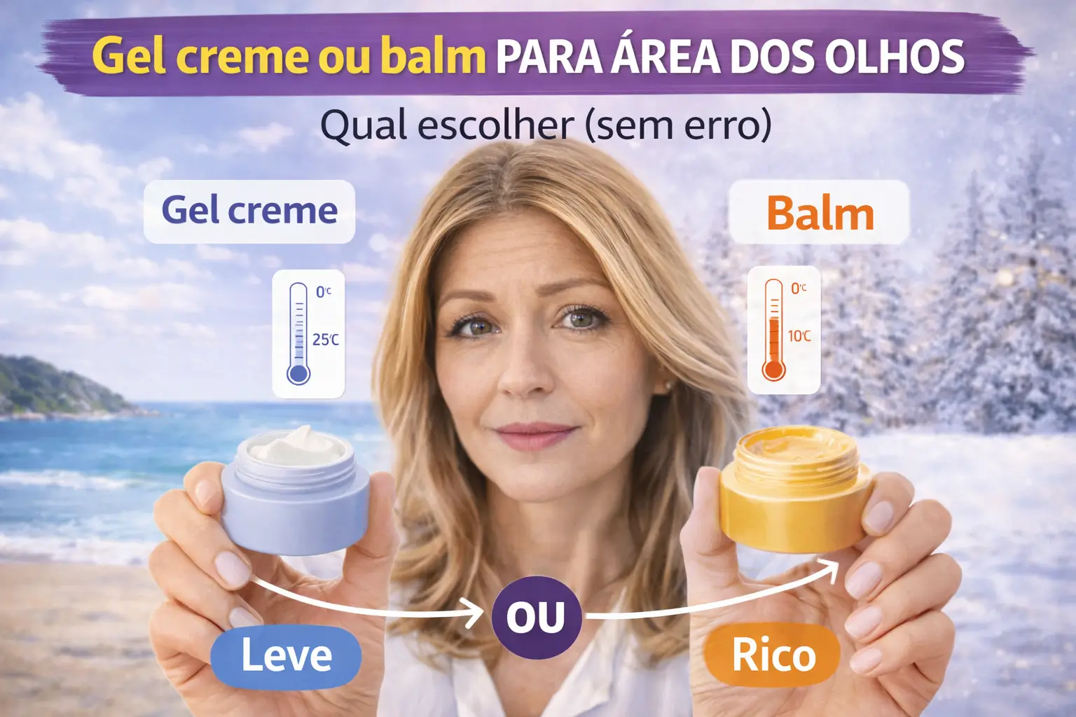 Mulher comparando gel creme ou balm para área dos olhos
