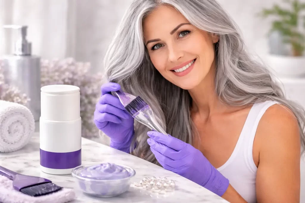 Gloss de cor para grisalhos em imagem horizontal estilo editorial, com mulher de cabelos grisalhos sorrindo e produtos de matização/banho de brilho ao lado.