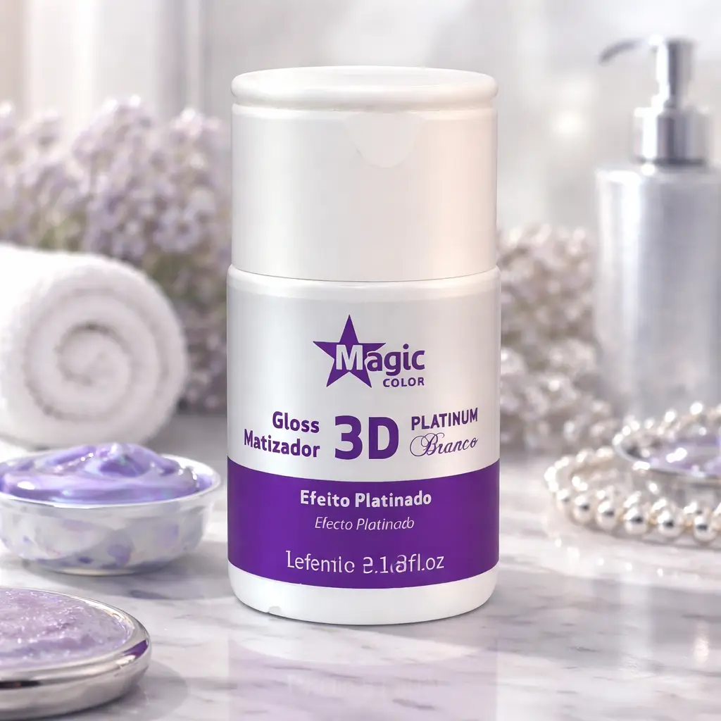 Gloss de cor para grisalhos: frasco do Magic Color Gloss Matizador 3D Platinum Branco 100ml, embalagem branca com faixa roxa.
