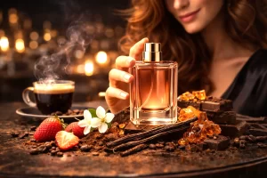Perfume doce que não enjoa em cenário sofisticado com frasco rosado, morangos, baunilha, chocolate amargo, âmbar e xícara de café.