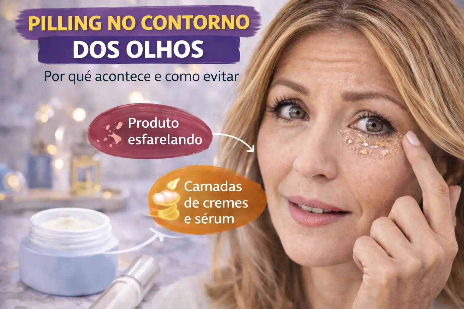 Mulher com pilling no contorno dos olhos após aplicar produto na região