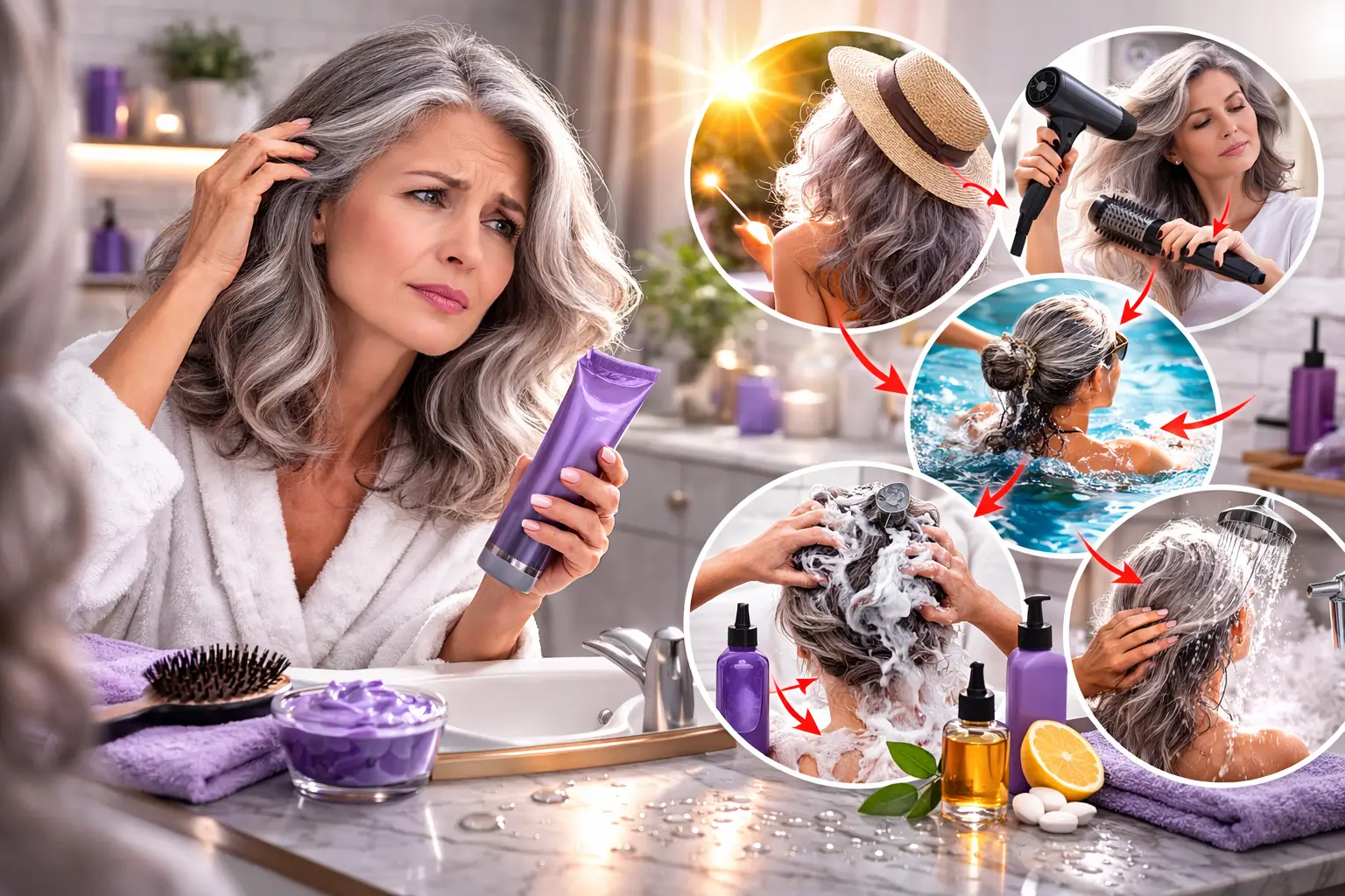 Quanto tempo dura tonalização em cabelo grisalho: mulher com fios prateados avaliando a cor no espelho e fatores que desbotam (sol, calor, cloro, shampoo e água quente).