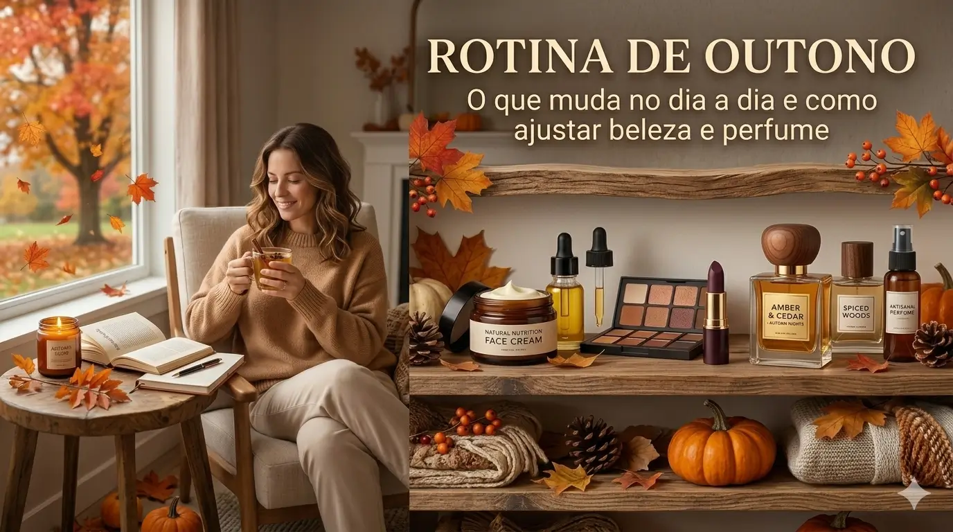 Rotina de outono com beleza, perfume e cuidados em ambiente aconchegante