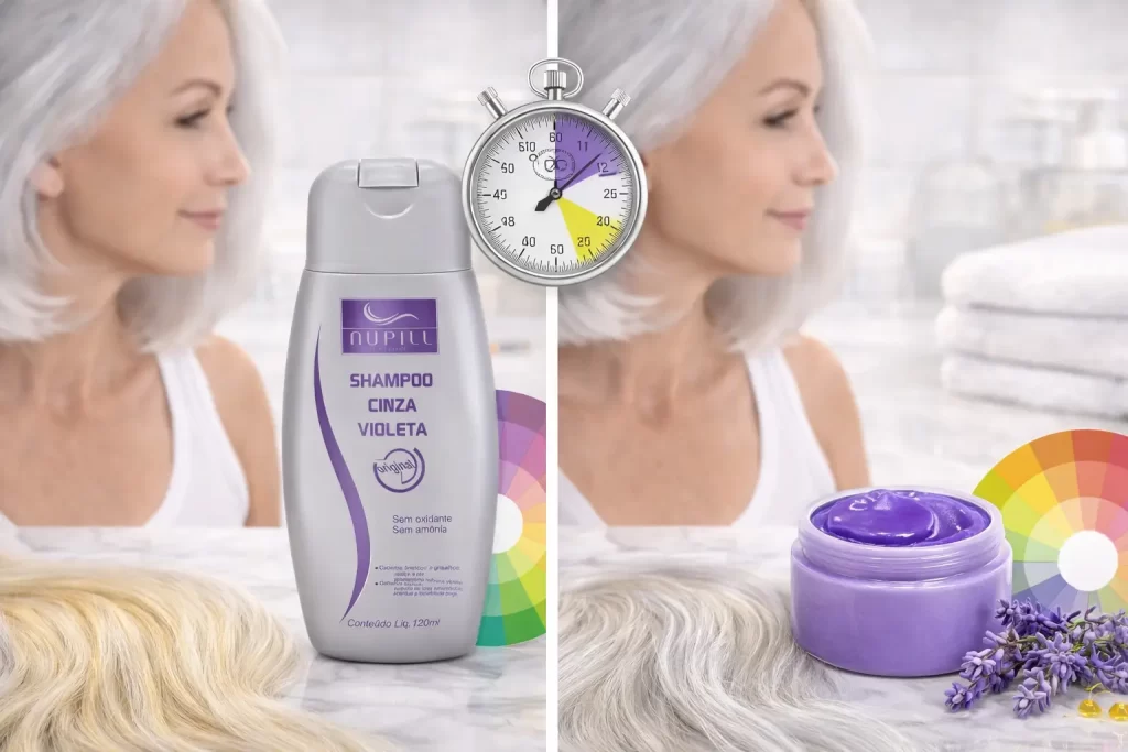 Shampoo roxo vs máscara roxa em comparação: frasco de shampoo violeta e pote de máscara roxa ao lado de cabelo branco, com cronômetro e cena de banheiro.