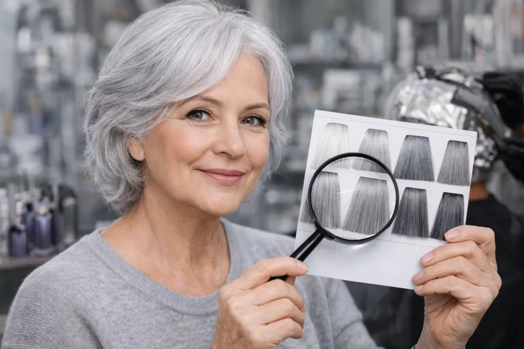 Mulher com cabelo grisalho analisando opções de tom prateado para cabelo grisalho no salão