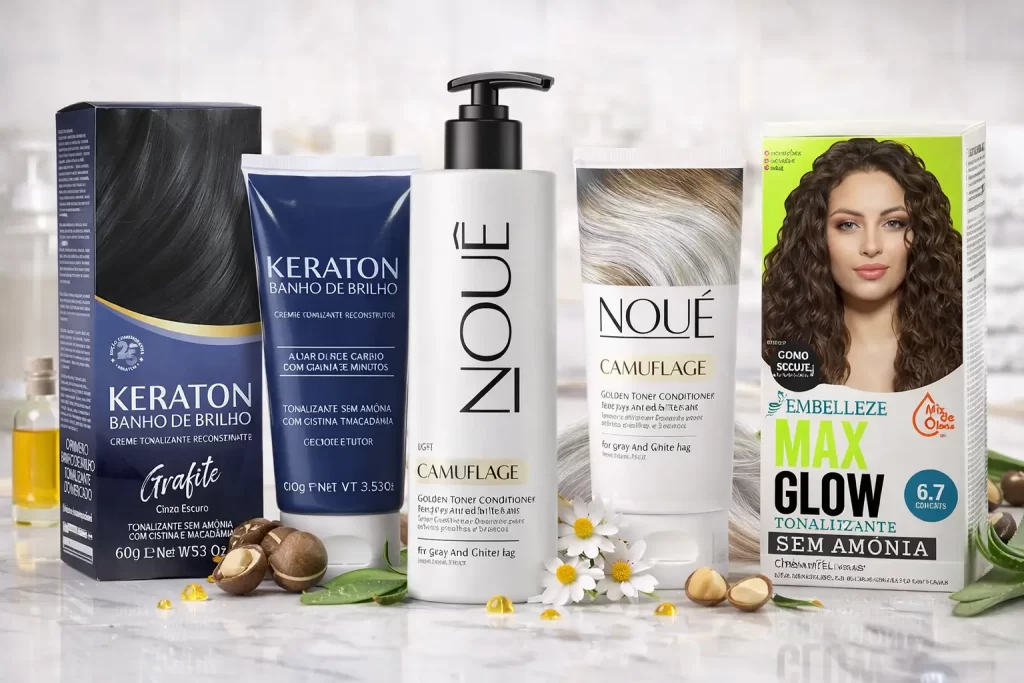 Tonalizante para cabelo branco com quatro produtos em destaque (Keraton, NOUÉ, Acquaflora e Embelleze), em bancada clara com óleos, flores e ingredientes de tratamento.