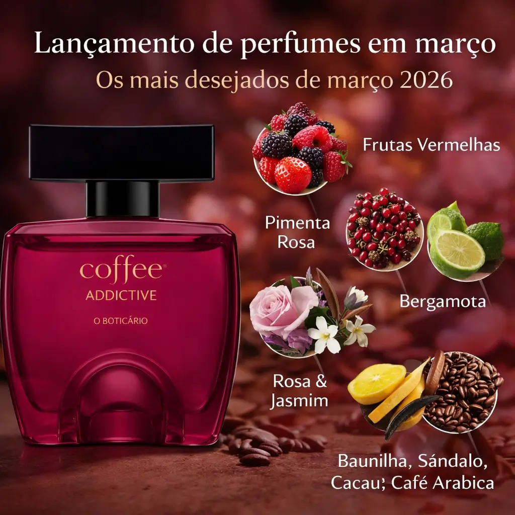 Coffee Addictive do O Boticário como destaque de lançamento de perfumes em março