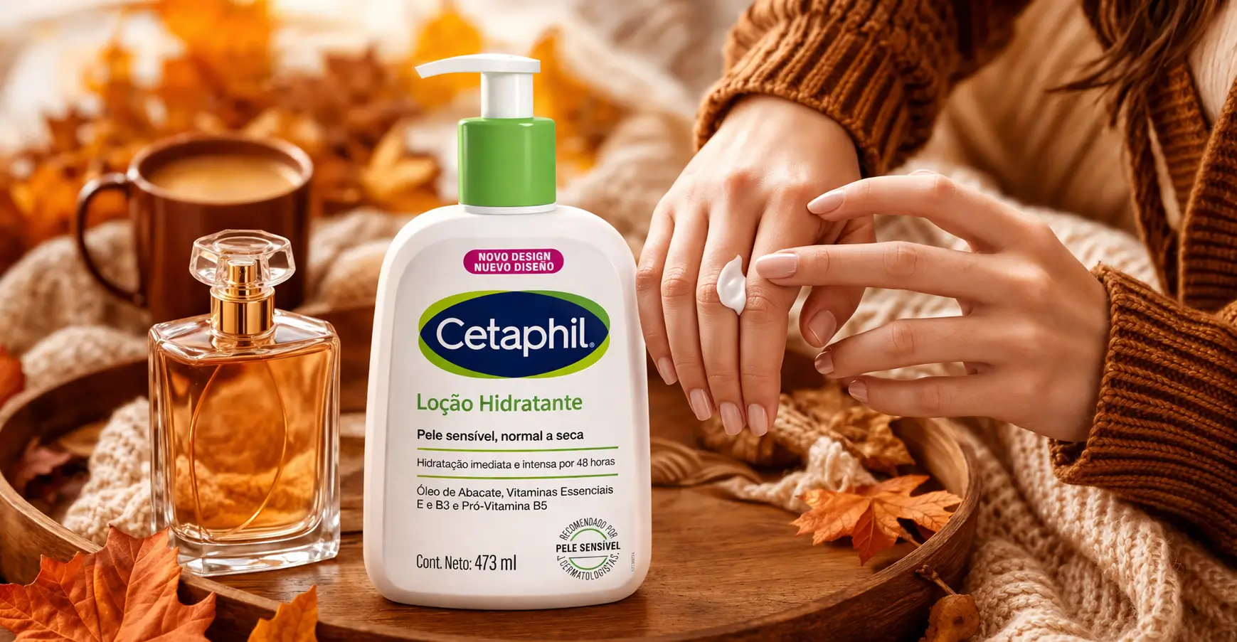 Cetaphil Loção Hidratante em composição sobre como combinar perfume e hidratante no outono