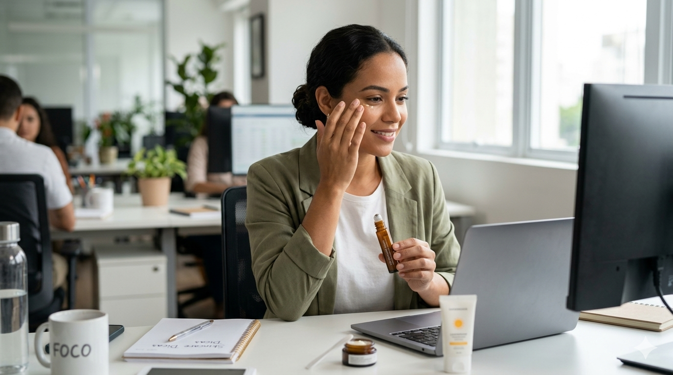 contorno dos olhos para escritório sendo aplicado por mulher no ambiente de trabalho com notebook