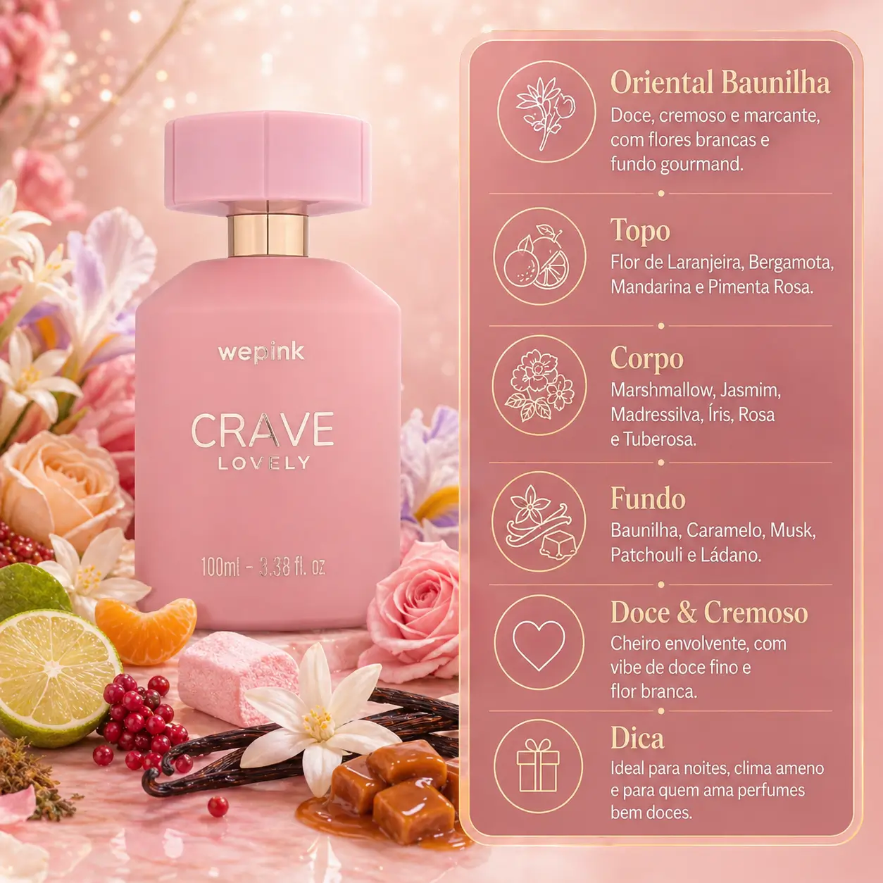 Lançamento de perfumes com Crave Lovely da Wepink em imagem que destaca o frasco rosa e seu perfil oriental baunilha.