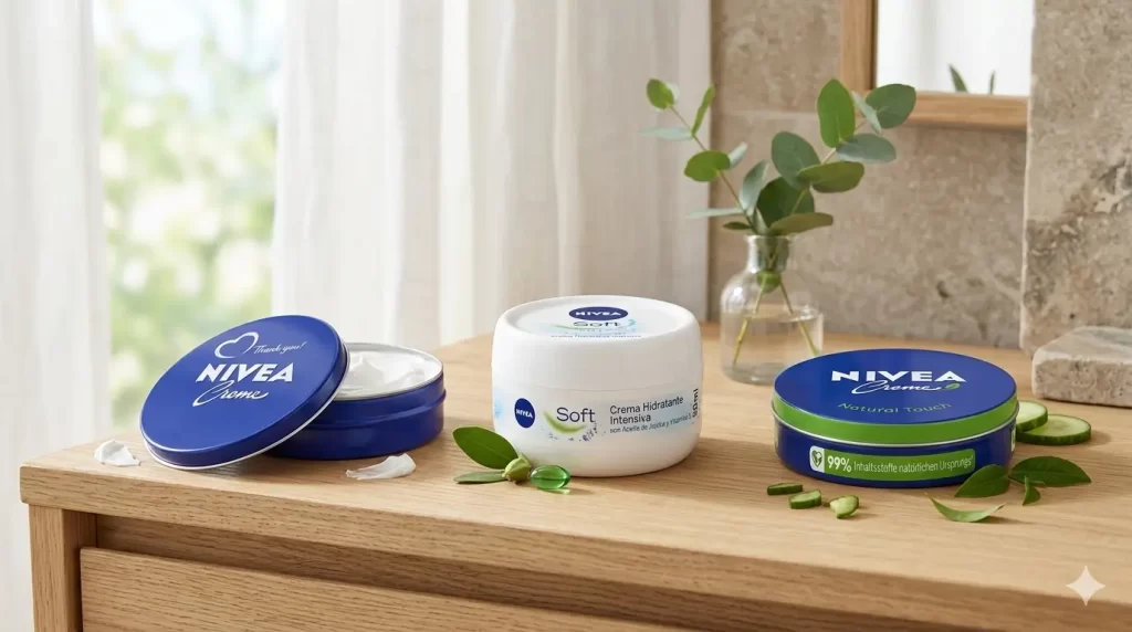 NIVEA Creme Natural Touch comparado com NIVEA Creme original da lata azul e NIVEA Soft