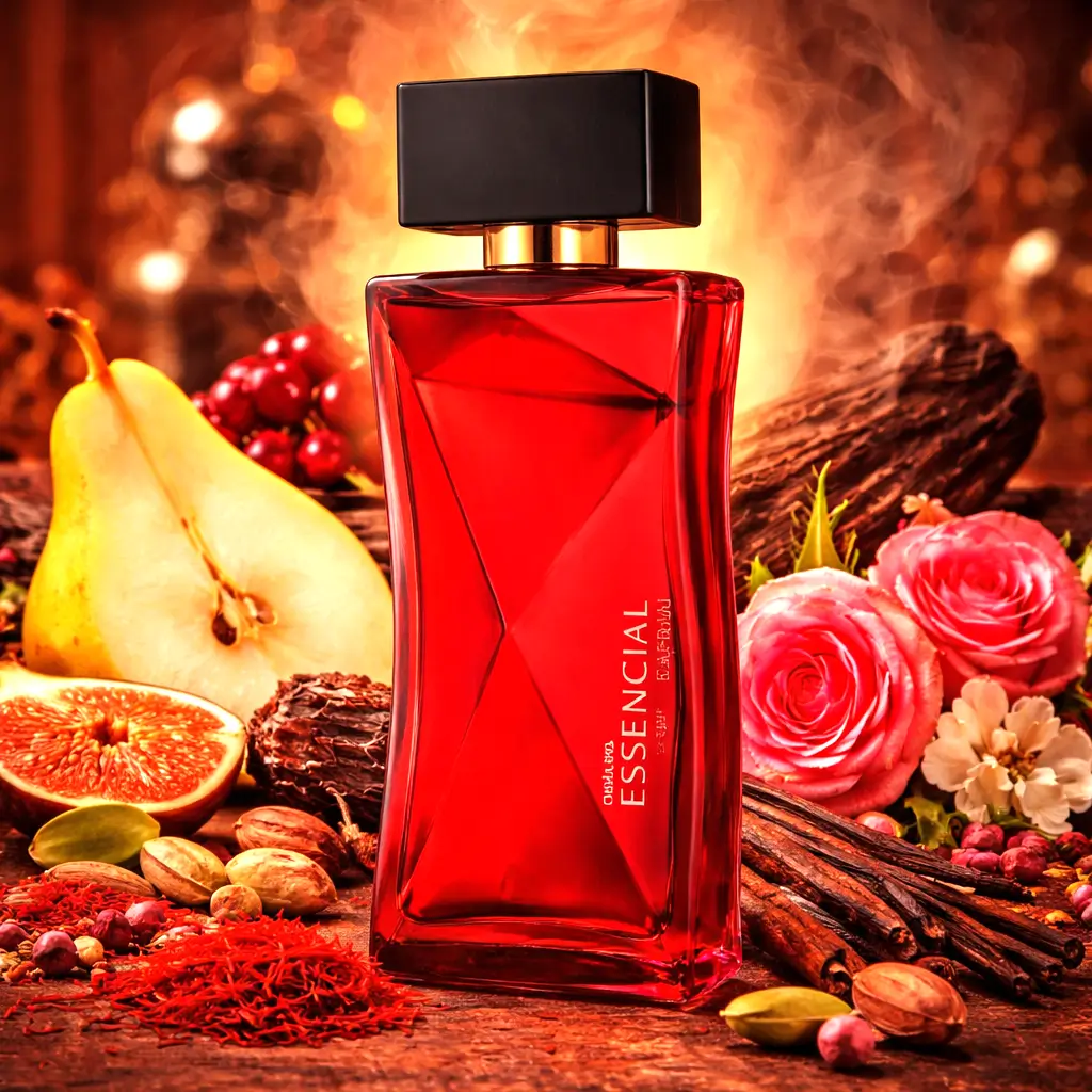 Natura Essencial Safran feminino em composição com pera, rosas e especiarias em cenário intenso
