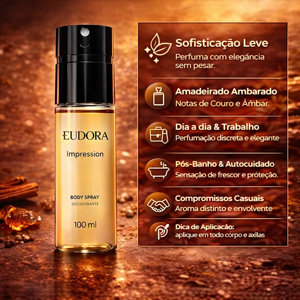 Melhores body splash masculino com Impression Body Spray Eudora em imagem com destaque para elegância e frescor
