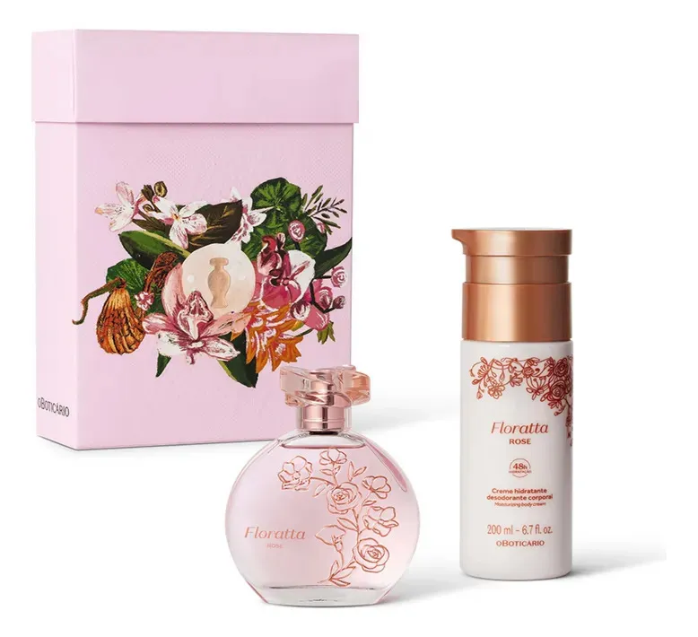 Kit Dia das Mães Floratta Rosé com colônia, creme hidratante corporal e caixa de presente.