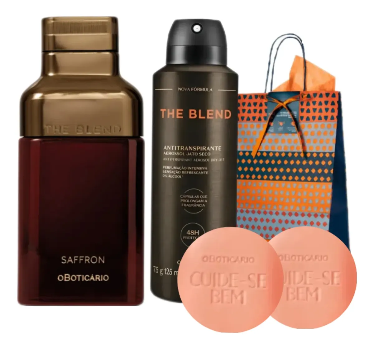 Kit presente The Blend Amber Saffron de O Boticário com perfume masculino, aerosol e sabonetes.