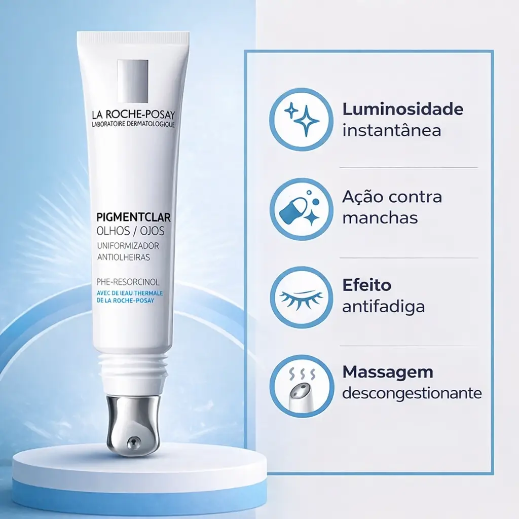Contorno dos olhos efeito iluminado com creme Pigmentclar La Roche-Posay, destacando luminosidade e redução de olheiras