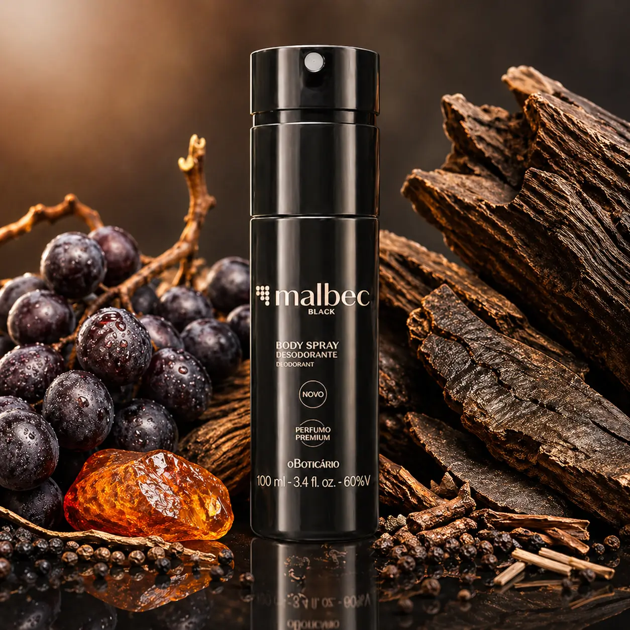 Malbec versões com destaque para o body spray Malbec Black de O Boticário em imagem com uvas, âmbar e madeiras escuras.