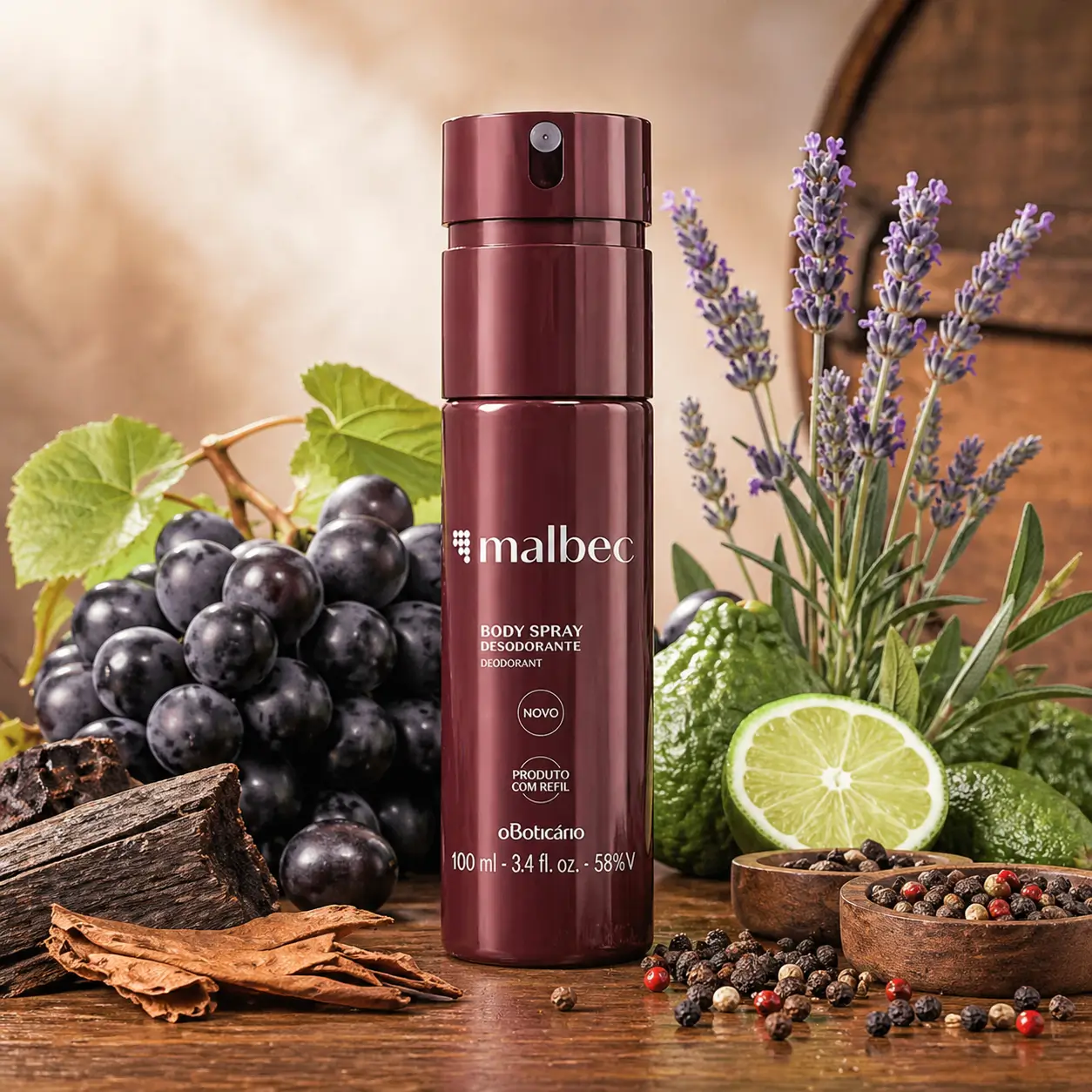 Malbec versões com destaque para o body spray Malbec tradicional de O Boticário em imagem com uvas, lavanda, cítricos e madeiras.