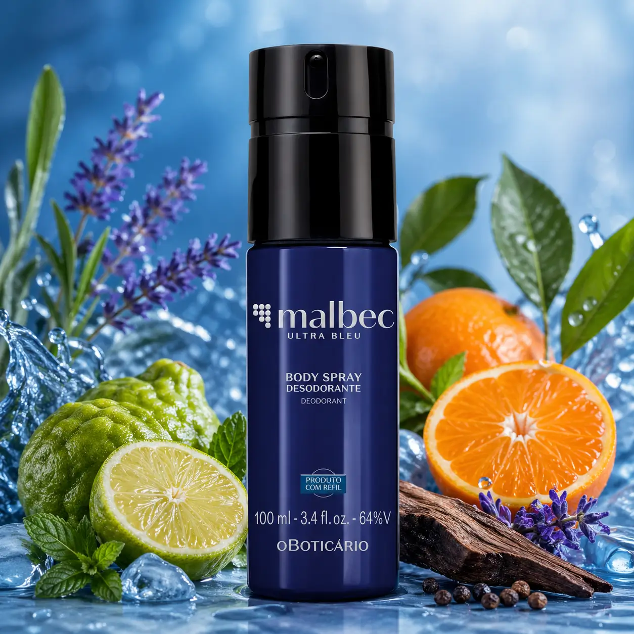 Malbec versões com destaque para o body spray Malbec Ultra Blue de O Boticário em imagem com cítricos, lavanda e madeiras.