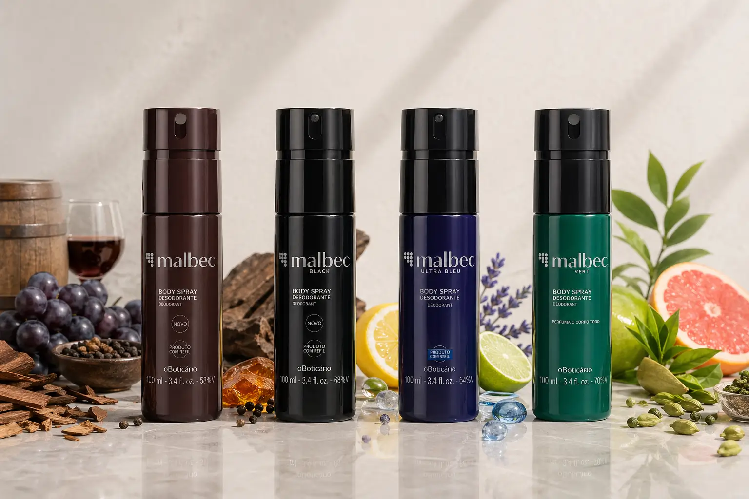 Malbec versões com body sprays Clássico, Black, Ultra Blue e Vert lado a lado em imagem comparativa.