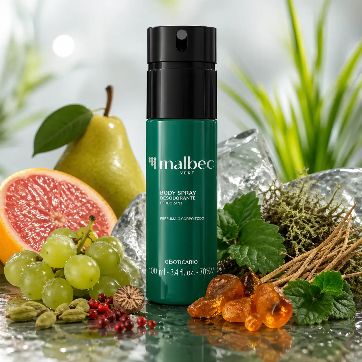 Malbec versões com destaque para o body spray Malbec Vert de O Boticário em imagem com grapefruit, pera, uvas, cardamomo, notas verdes e âmbar.