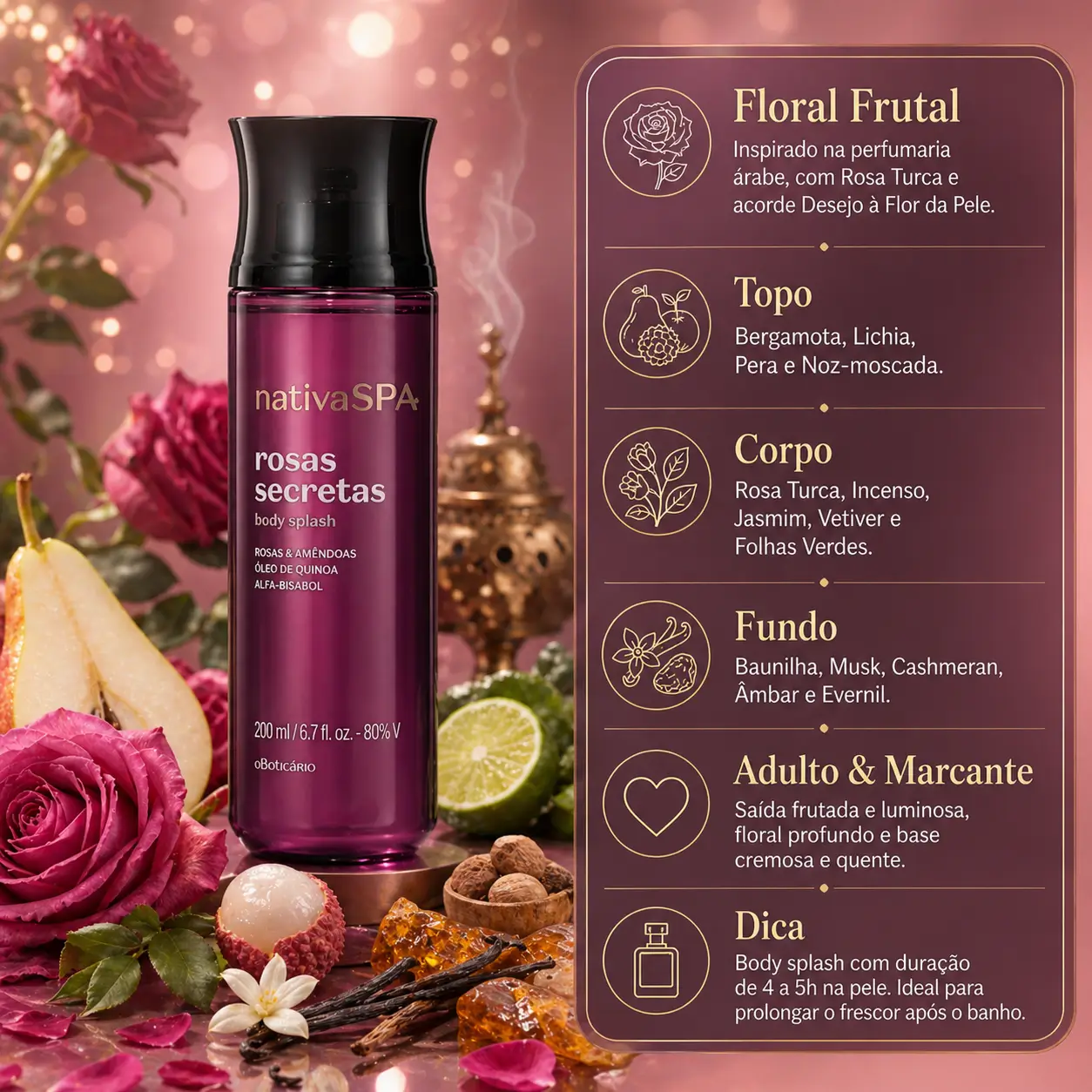 Lançamento de perfumes com Nativa SPA Rosas Secretas em imagem que destaca o body splash e seu perfil floral frutal marcante.