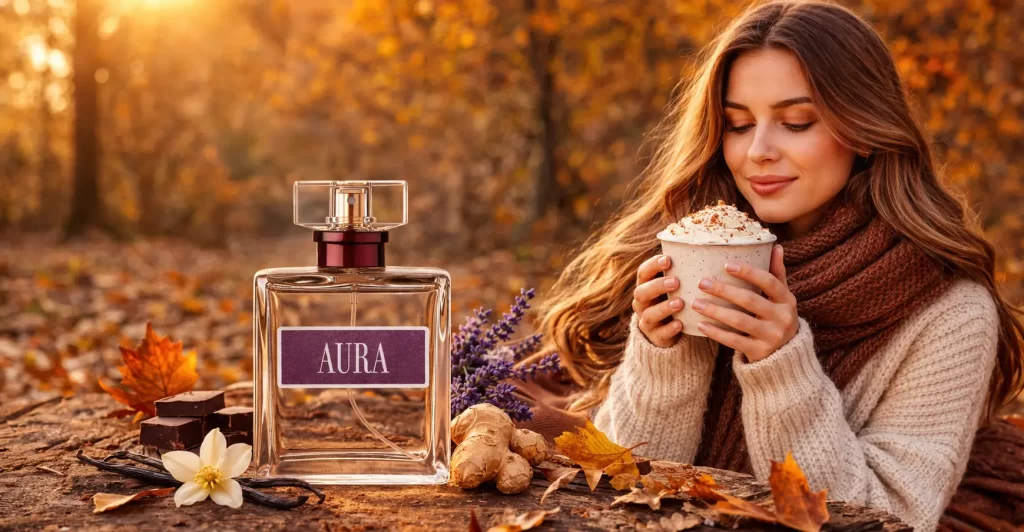 Perfume em paisagem de outono com notas aconchegantes e mulher com bebida quente