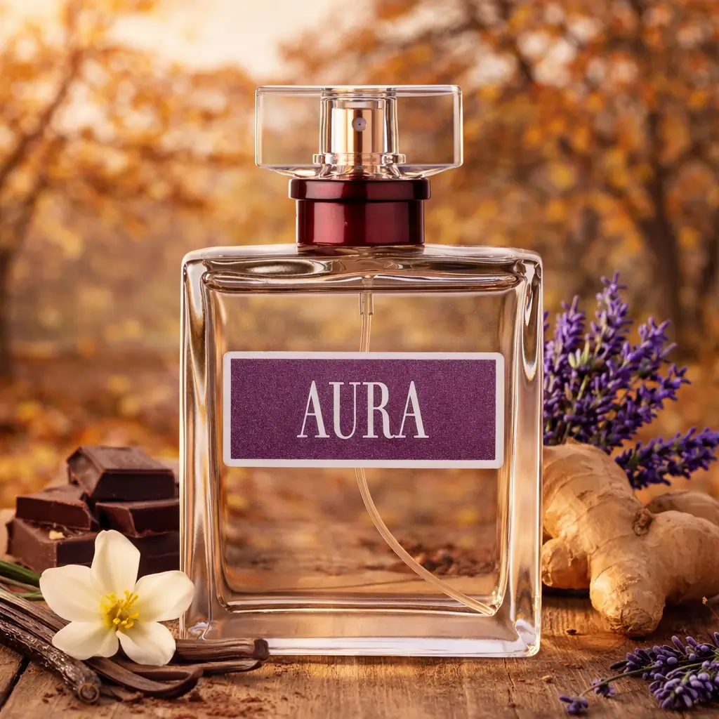 Aura Primacial com notas de perfume para o outono como baunilha, cacau, gengibre e lavanda