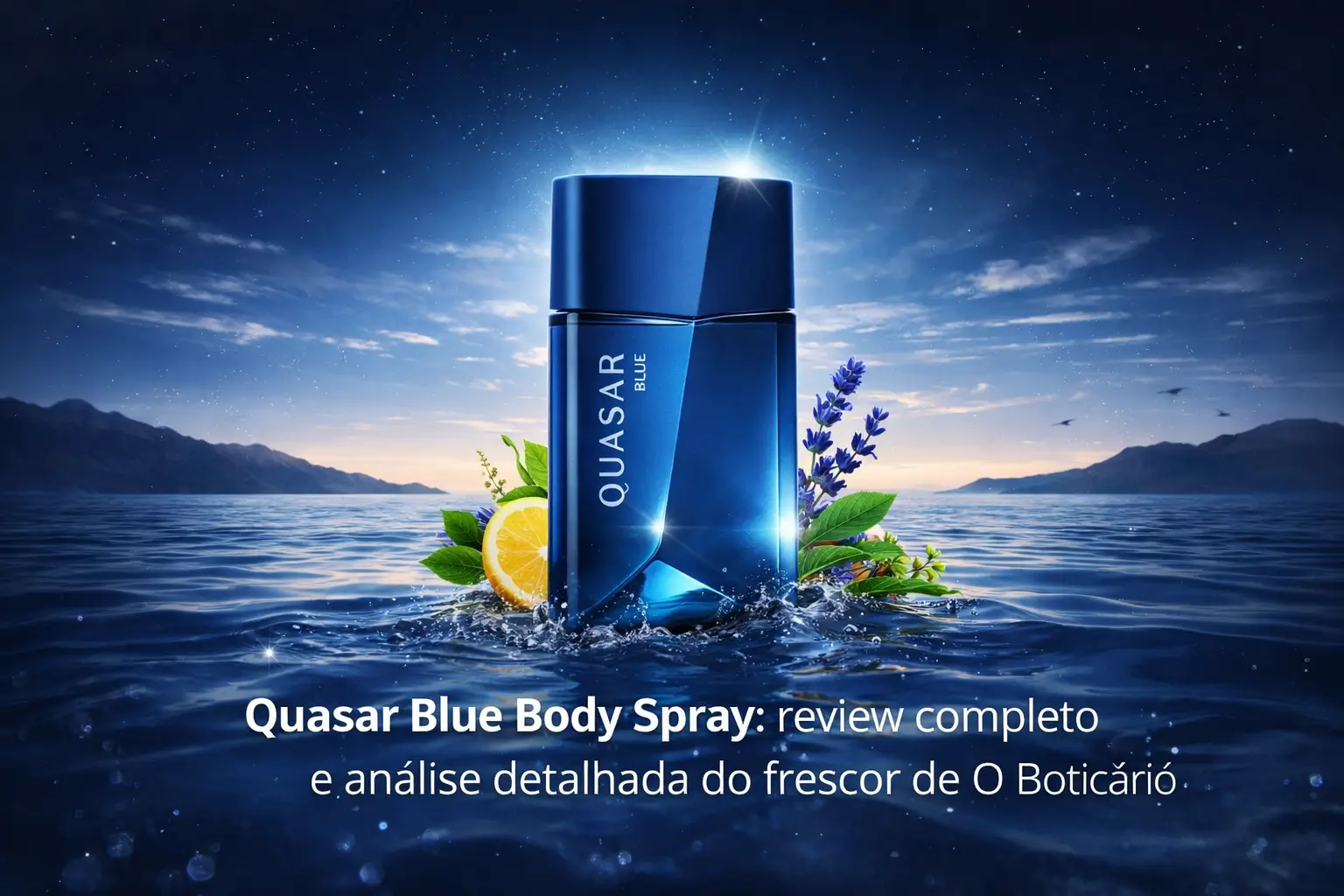 Quasar Blue Body Spray em imagem de destaque com cenário aquático e atmosfera fresca