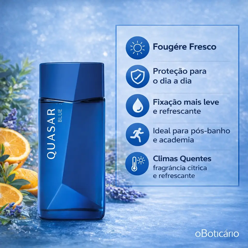 Quasar Blue Body Spray com destaque para frescor fougère e uso diário em imagem promocional.